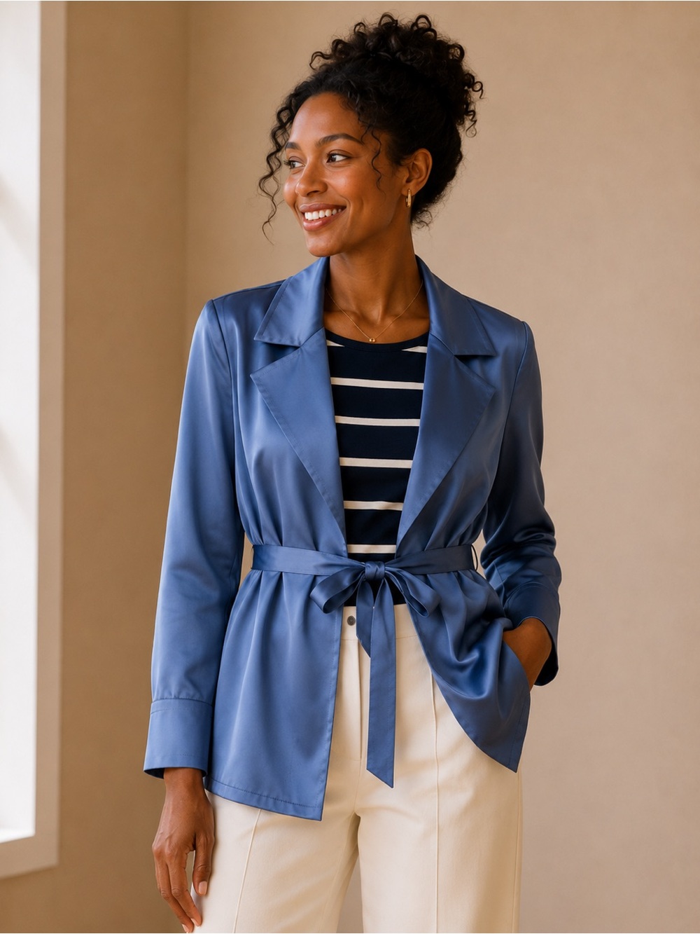 Ann Taylor Steel Blue Satin Tie-Belt Shirt Jacket